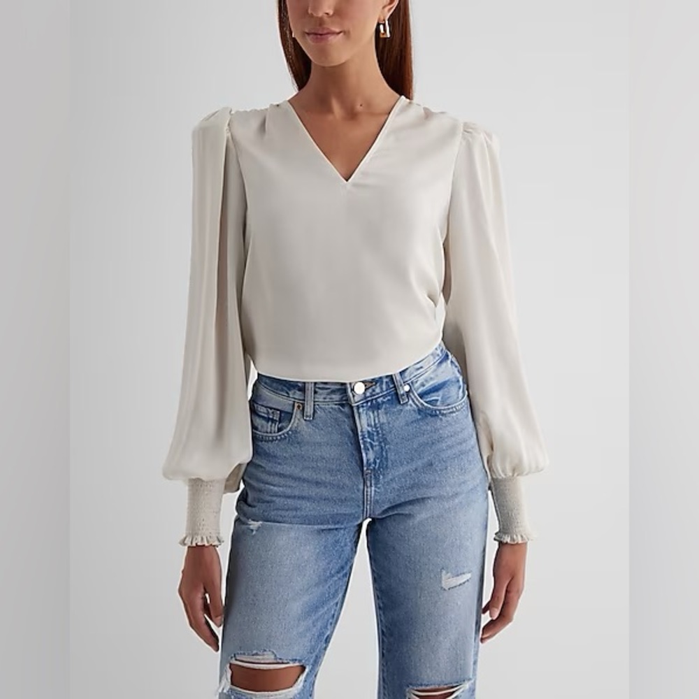 Express V-Neck Long Sleeve Smocked Cuff Top